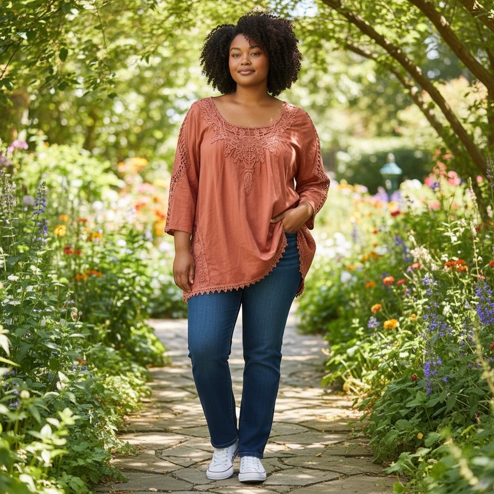 Contrast‎ Longs Sleeve lace coral rustic size extra-large tunic 100% Cotton
